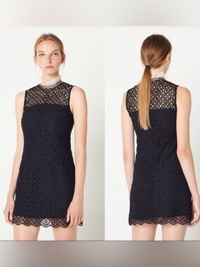 Sandro Paris Dovera Navy Lace Eyelet Mini Dress Size 38/6